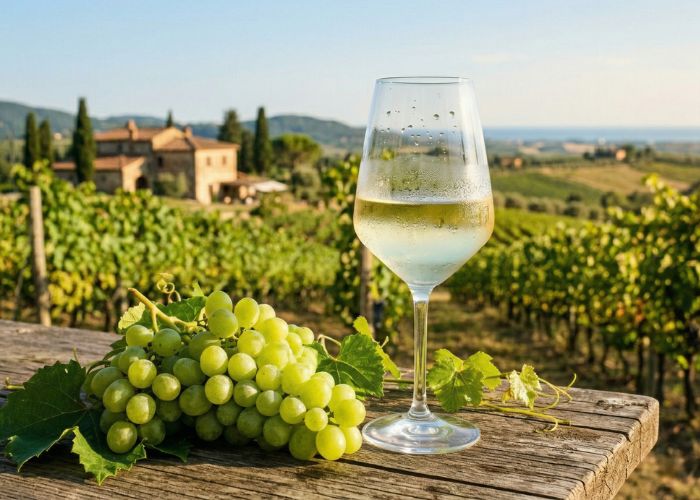 Ly rượu vang trắng Chile Sauvignon Blanc mát lạnh sảng khoái.