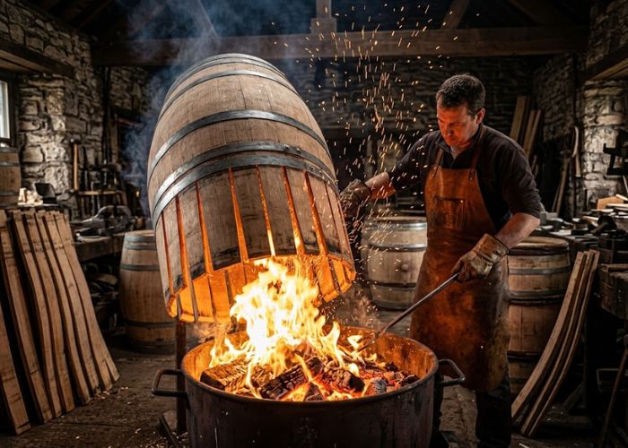 Kỹ thuật đốt xém (toasting) mặt trong thùng gỗ sồi Mỹ giúp giải phóng hương vị caramel và vanilla đậm đà cho rượu vang.