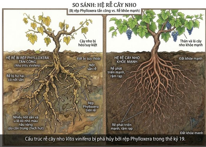 Cấu trúc rễ cây nho Vitis vinifera bị phá hủy bởi rệp Phylloxera trong thế kỷ 19.